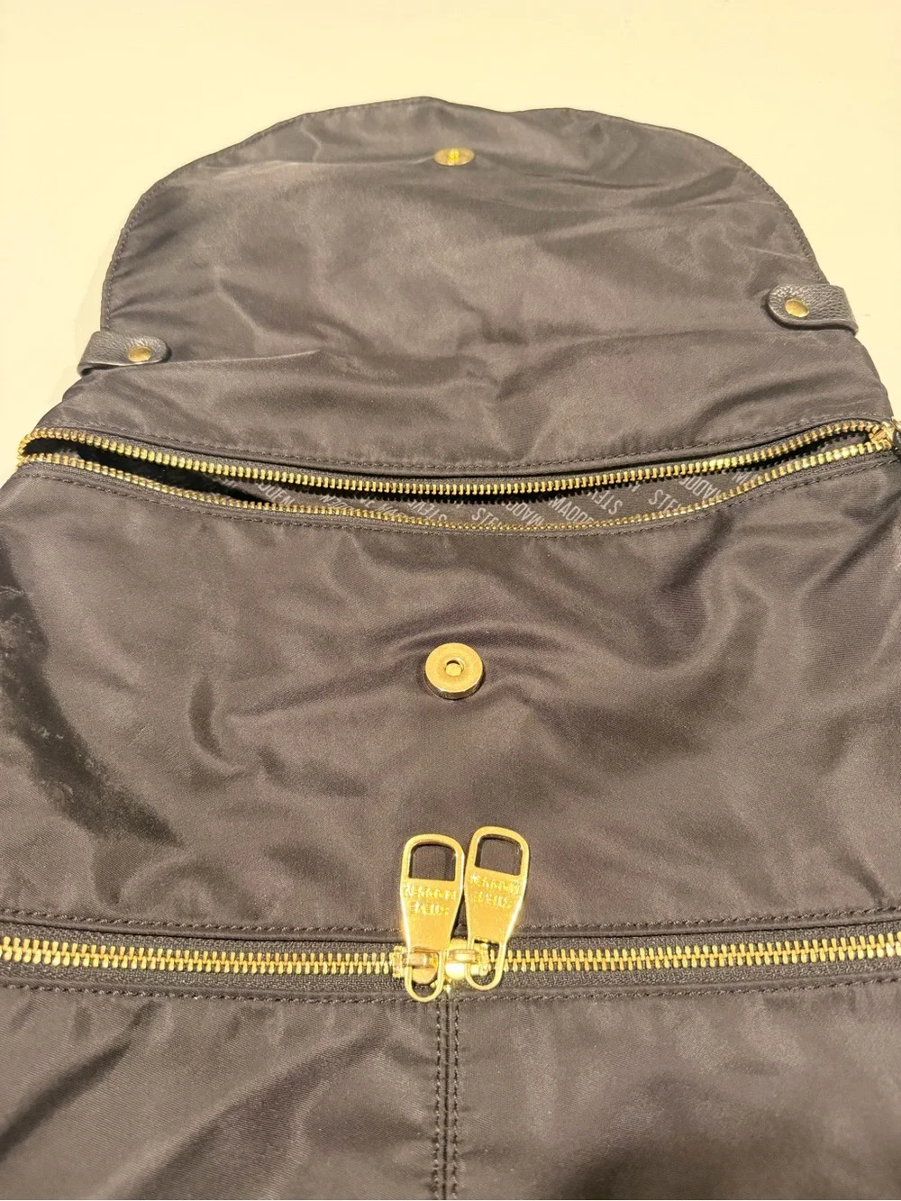 Steve Madden Bspencer Black Nylon Flap Backpack - Gold Hardware
